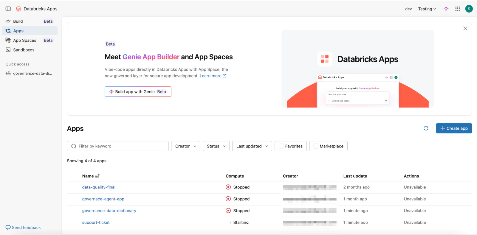 The Databricks Apps page listing deployed apps including data-quality-final, governance-agent-app and governance-data-dictionary.