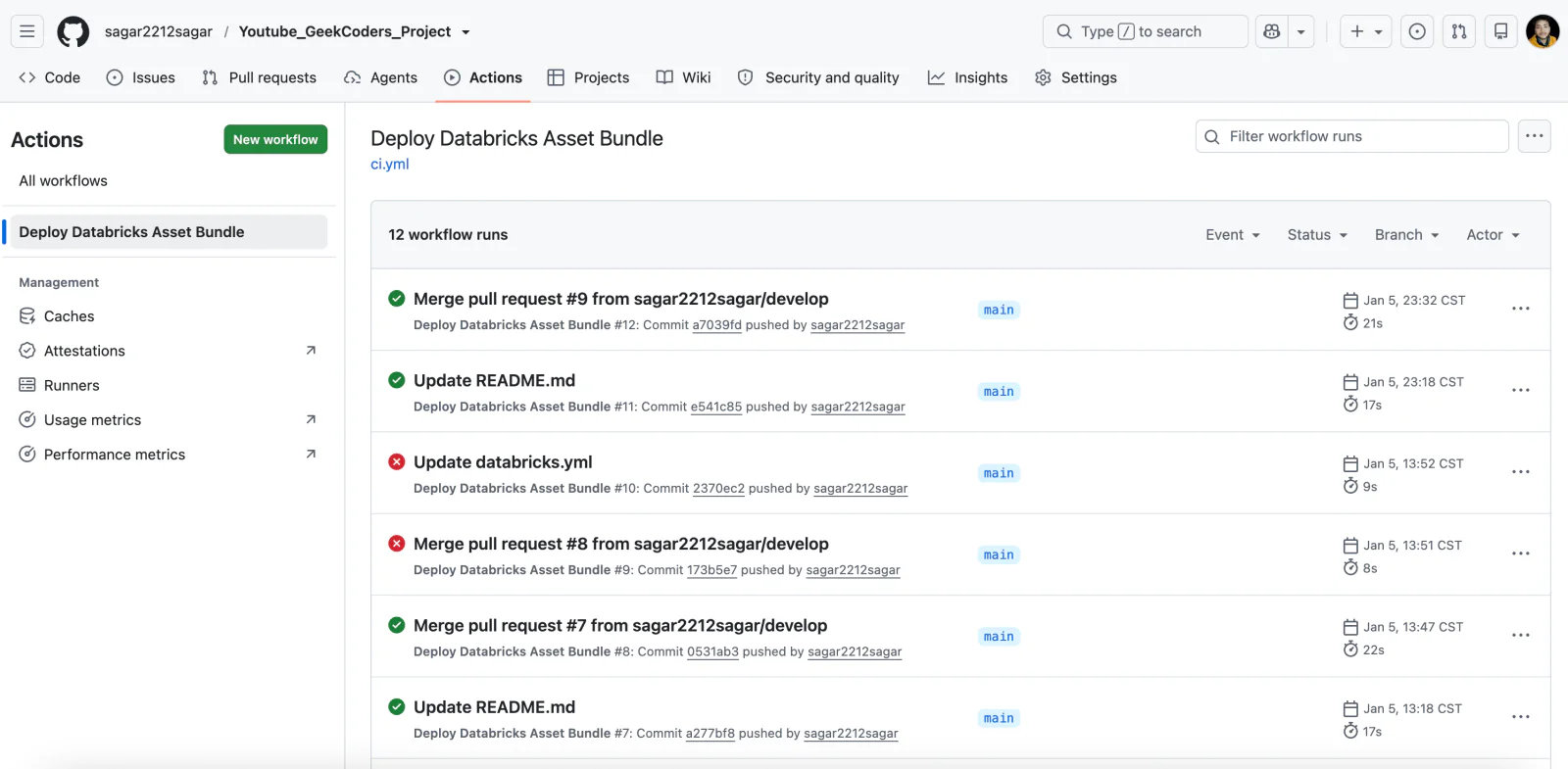 GitHub Actions showing the Deploy Databricks Asset Bundle workflow with a list of pipeline runs.